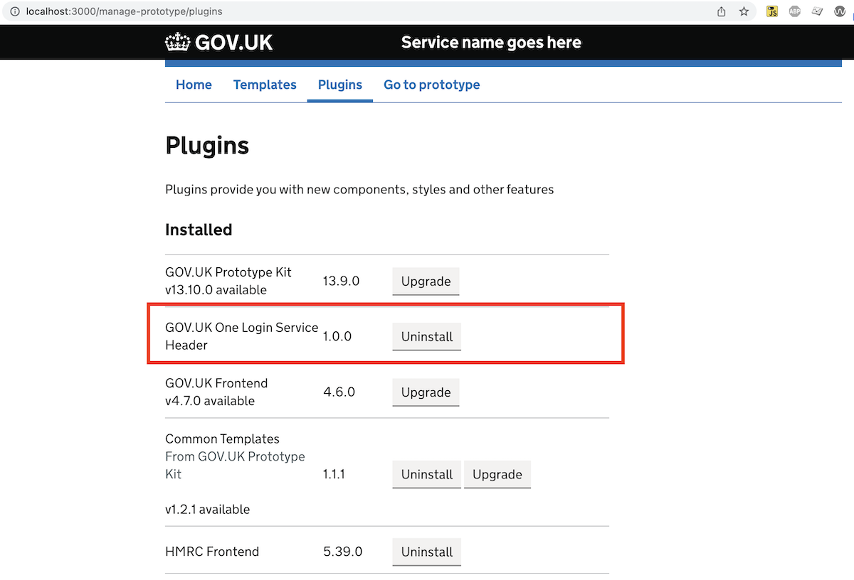 Image of the DI GOVUK One Login Service Header plugin appearing on the prototype plugins page